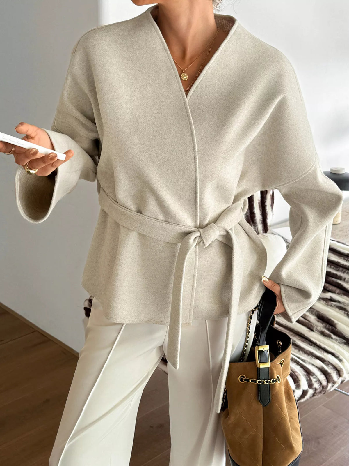 Surplice Tie-Belt Dropped-Shoulder Outerwear
