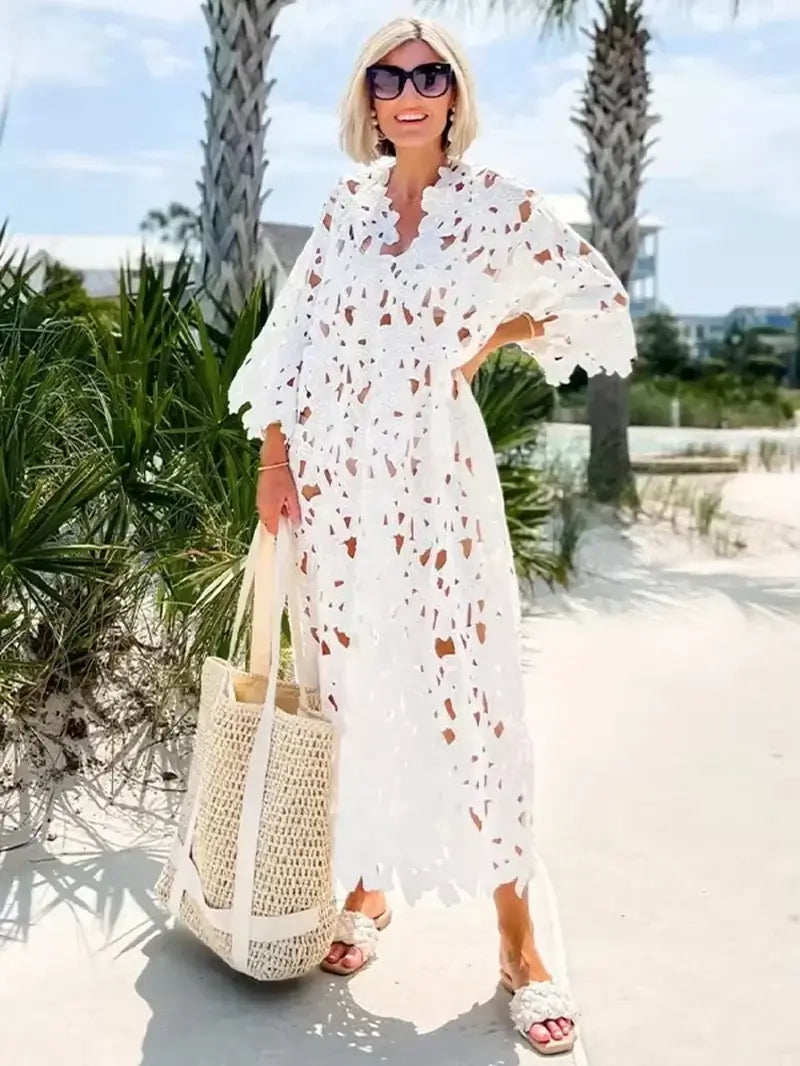 Lace Hollow-Out V-Neck Beach Dress