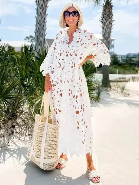 Lace Hollow-Out V-Neck Beach Dress