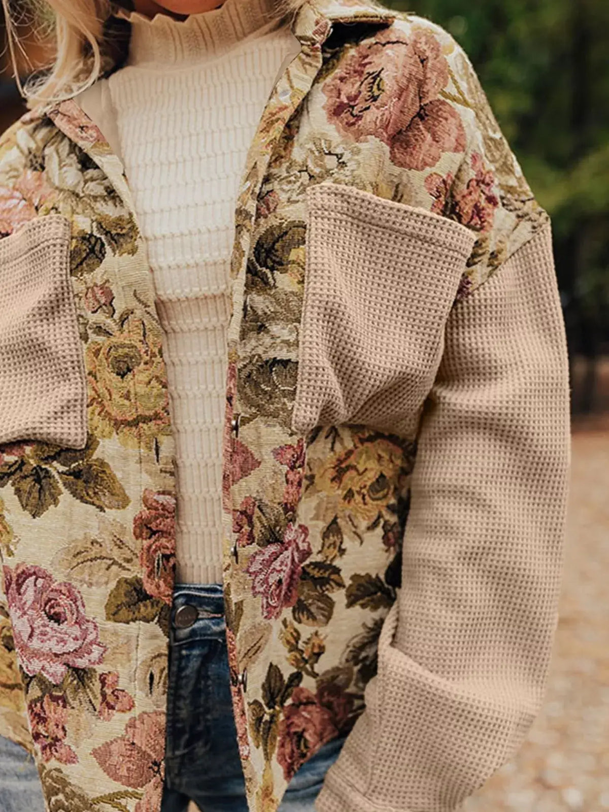 Floral Waffle Knit Patchwork Jacket