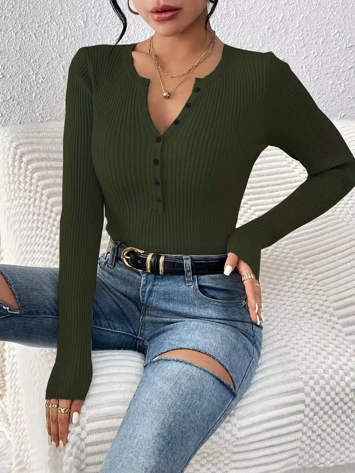Ribbed Knit Button-Front Top