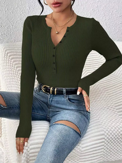 Ribbed Knit Button-Front Top