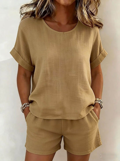Solid-Color Cotton-Linen Shorts Set