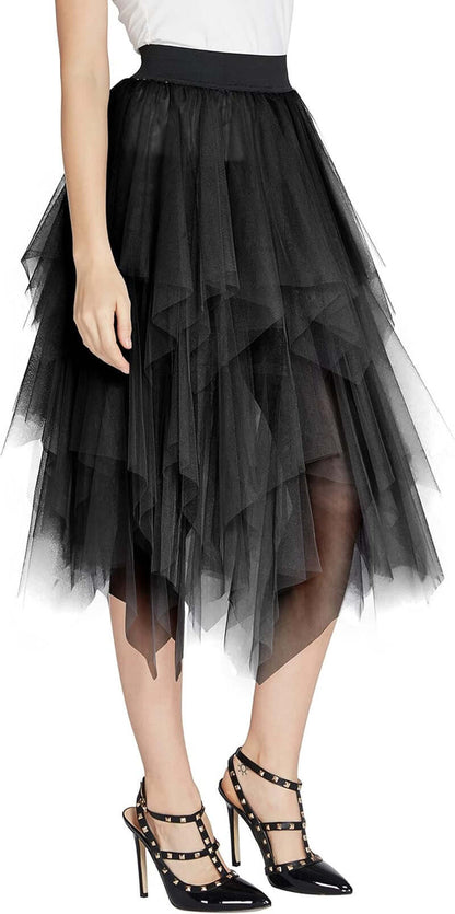 Women'S A-Line Mesh Tutu Skirt Fluffy Layered Tulle Midi Long Skirts with Elastic Waist