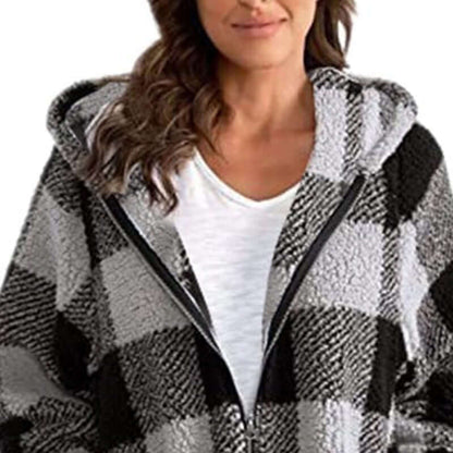 Plaid oversized winter jacket featuring a cozy hood, full zipper, and bold plaid pattern for stylish winter wear.