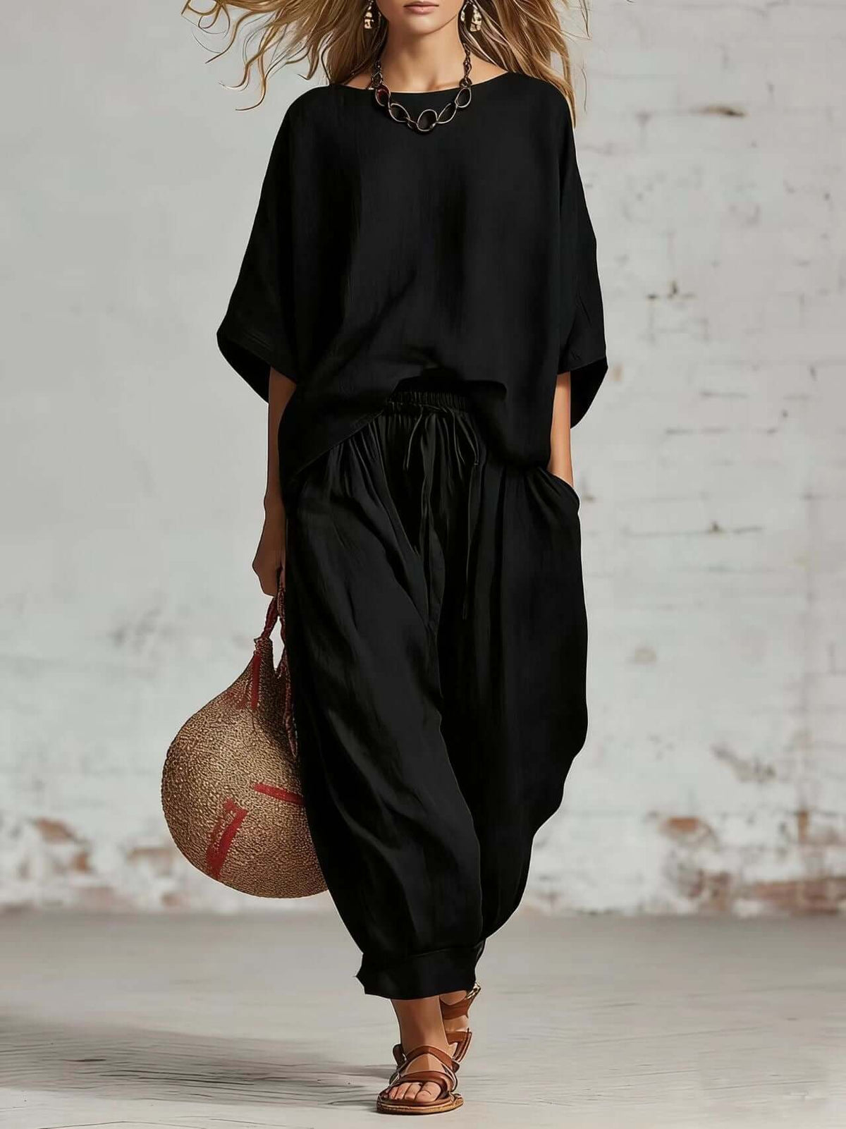 Women's casual t-shirt and ankle pants set in black featuring a relaxed fit and stylish accessories.
