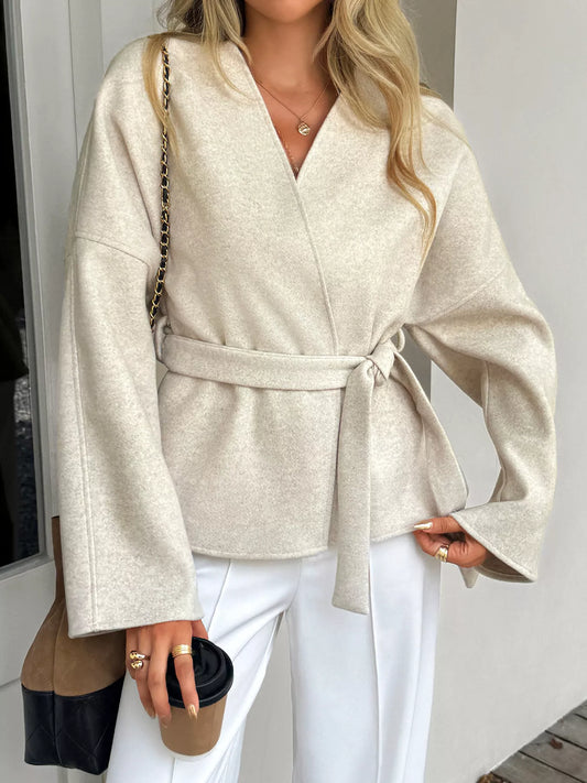 Surplice Tie-Belt Dropped-Shoulder Outerwear