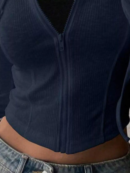 Ribbed Drawstring Zip Top