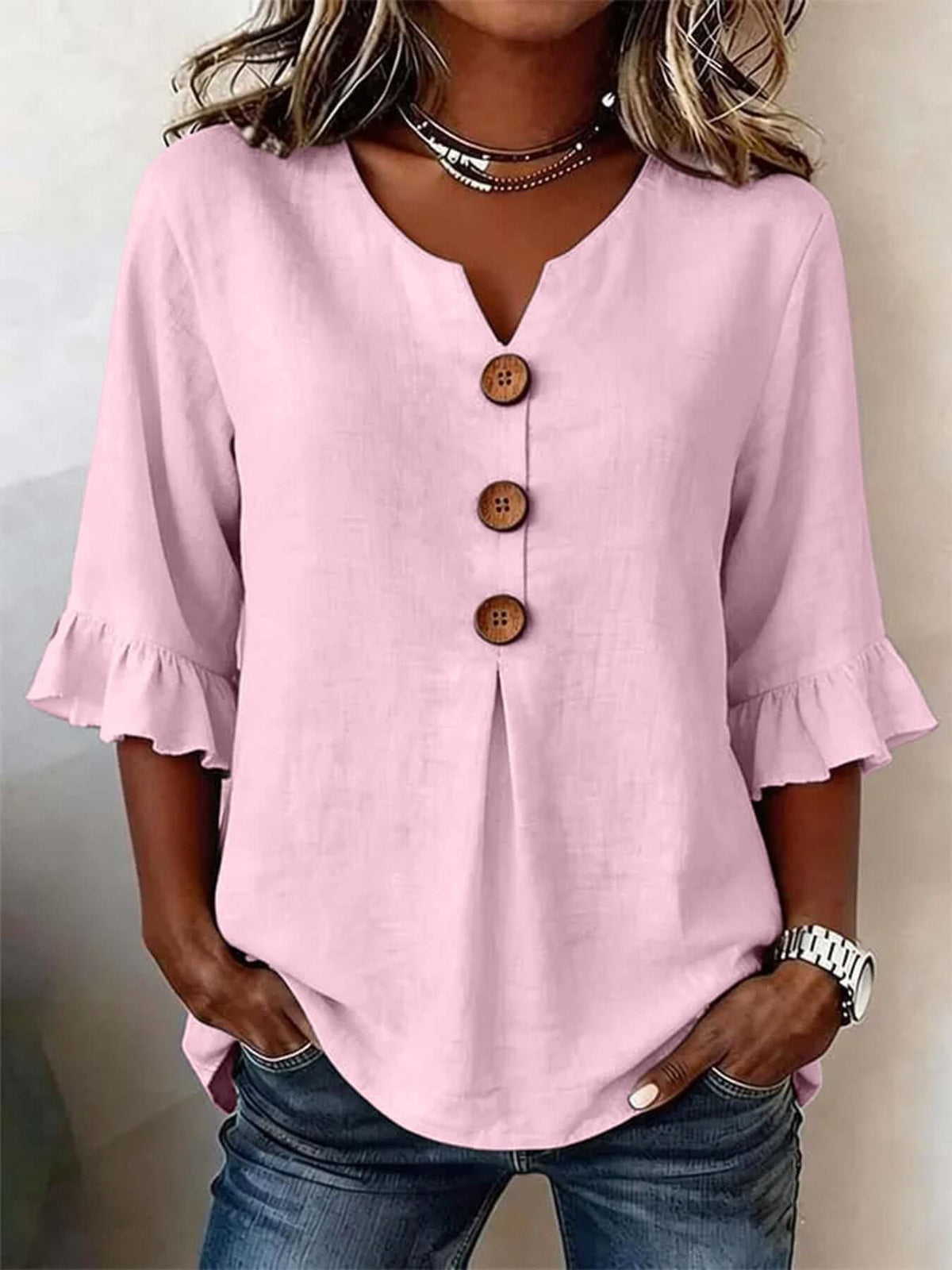 Women's Cotton-Linen V-Neck Blouse
