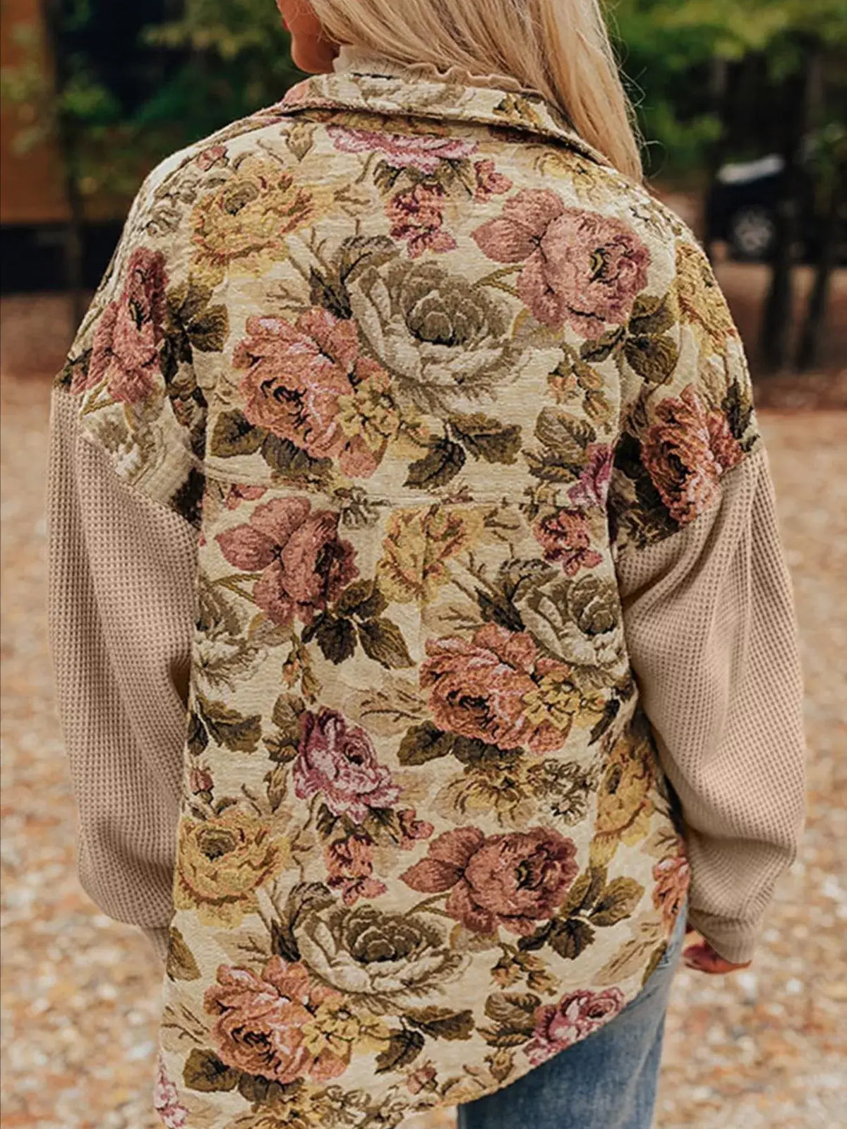 Floral Waffle Knit Patchwork Jacket