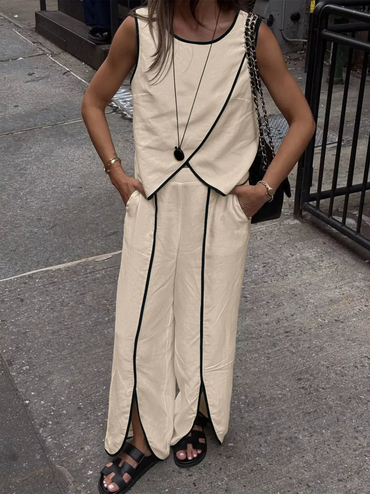 Contrast Trim Top and Wide Leg Pants Set worn by a model on the street, featuring pockets and no stretch.