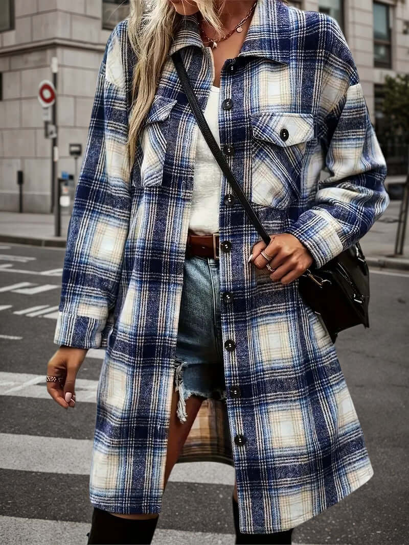 women's plaid shacket outfit with oversized flannel shirt-jacket and distressed denim shorts