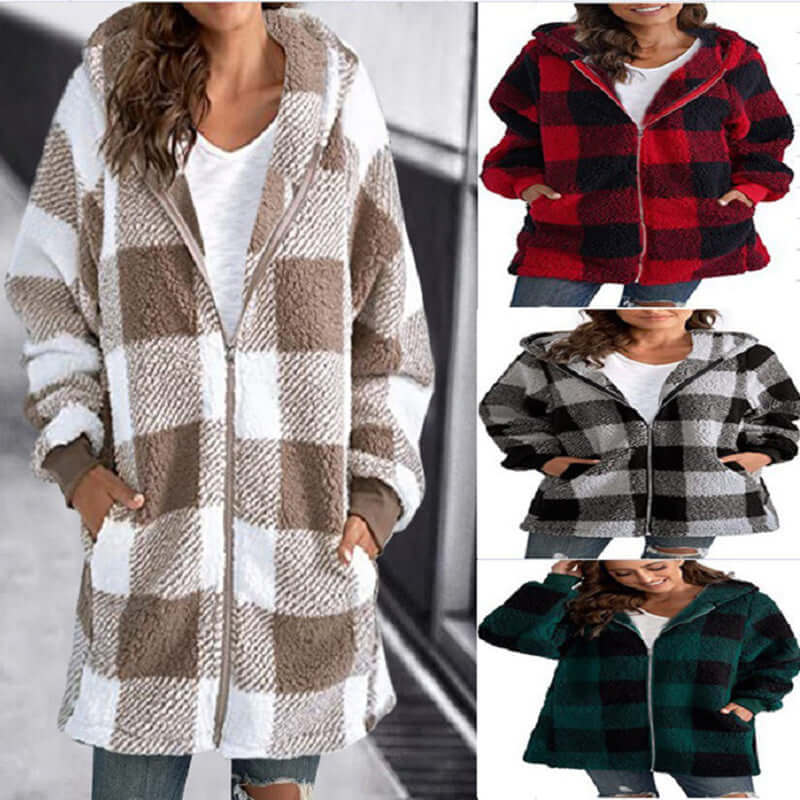 Plaid oversized winter jacket displayed in four color variations, featuring cozy hood and spacious pockets for warmth and style.