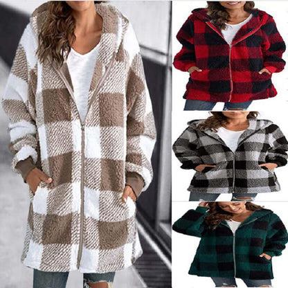 Plaid oversized winter jacket displayed in four color variations, featuring cozy hood and spacious pockets for warmth and style.