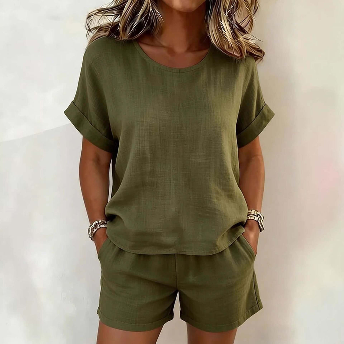 Solid-Color Cotton-Linen Shorts Set