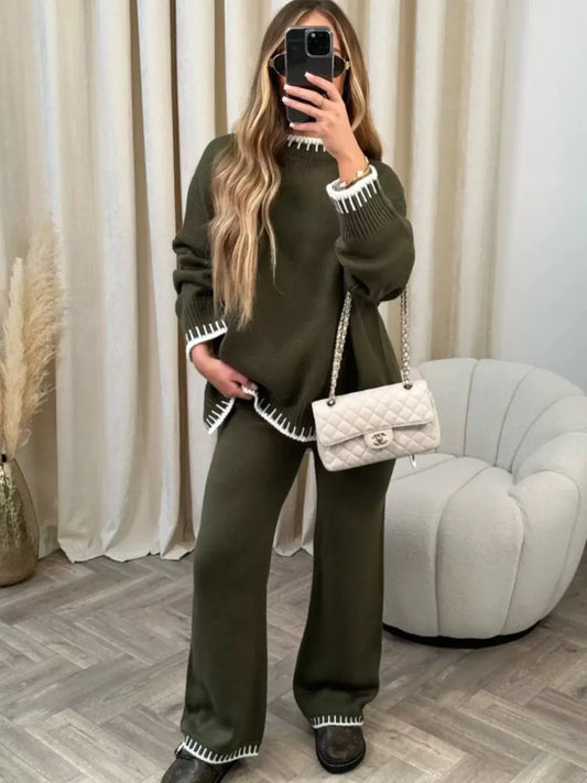 Contrast Trim Knit Set featuring round neck top and matching pants, styled with a designer handbag.