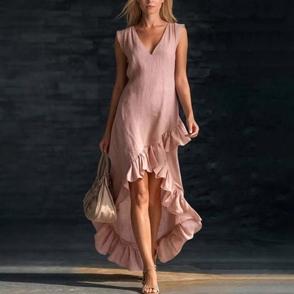 Cotton sleeveless casual dress for women with a ruffled hem, perfect for summer outings and casual events.