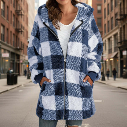 Plaid Hooded Zip-Up Oversized Jacket — Women’s Winter Commute Coat in blue and white, perfect for womens fashion and layering.
