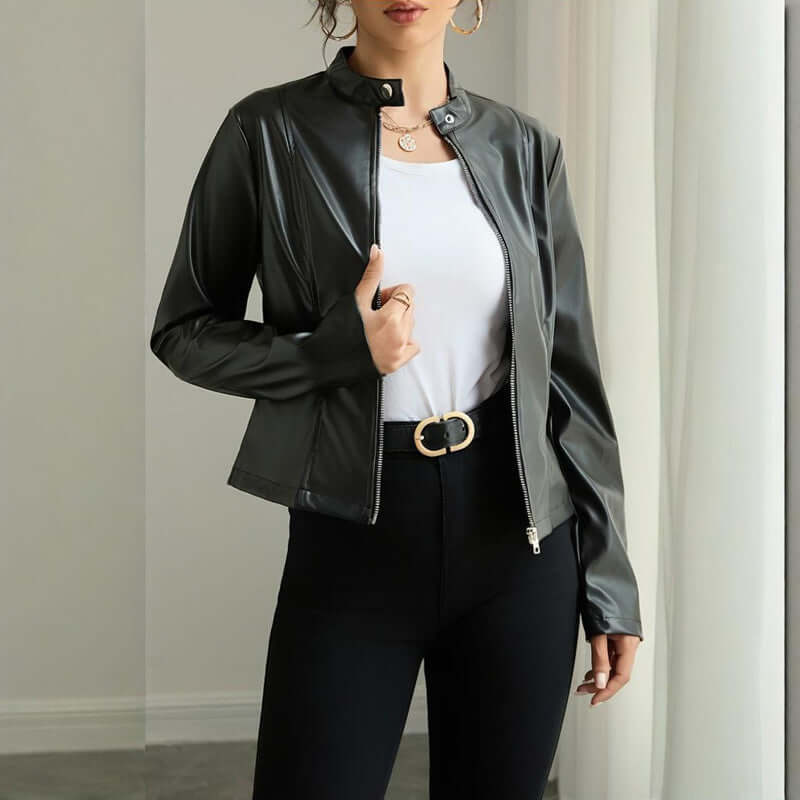 Women's Faux Leather Stand Collar Blazer