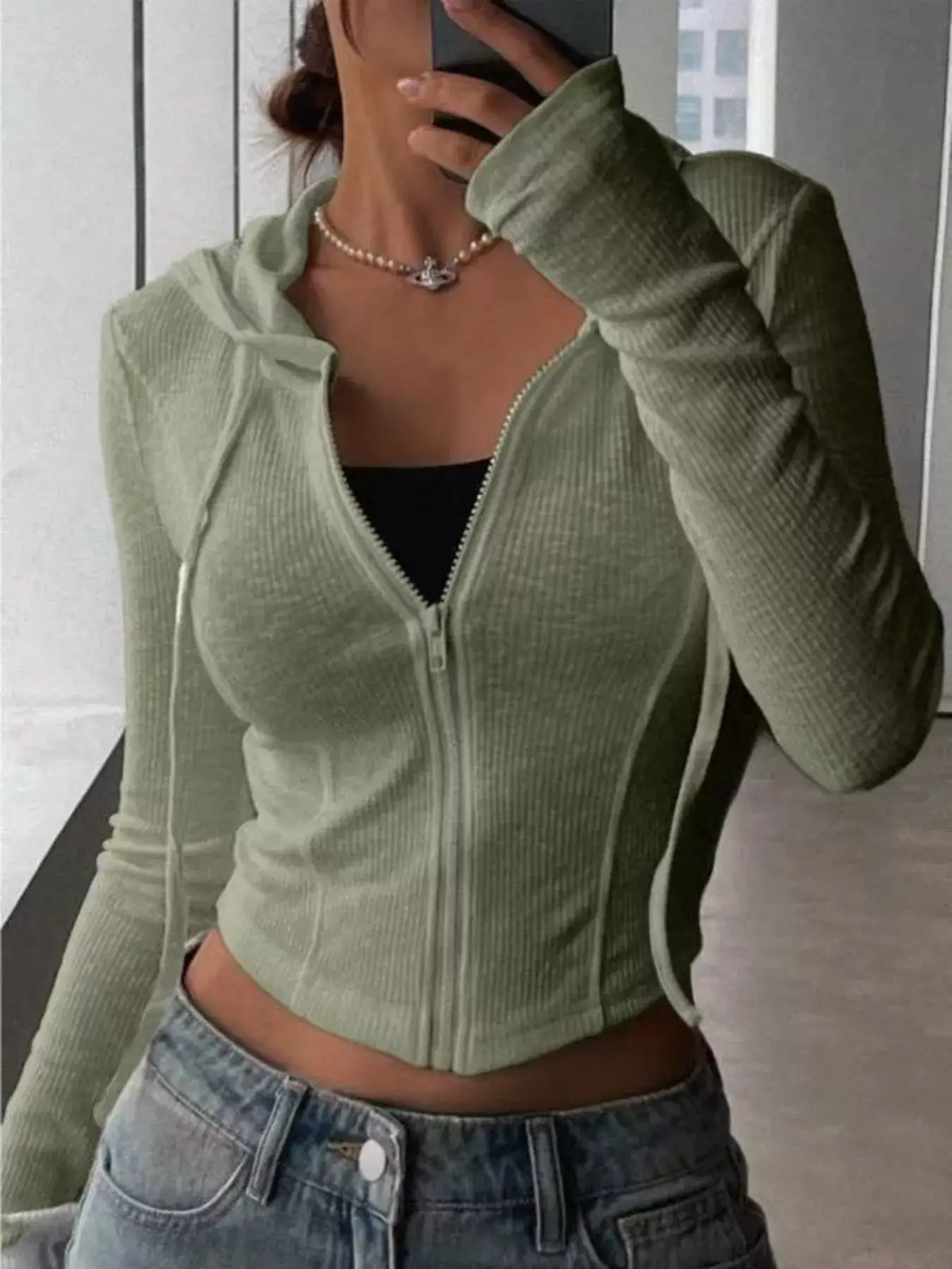 Ribbed Drawstring Zip Top