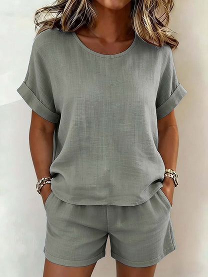 Solid-Color Cotton-Linen Shorts Set
