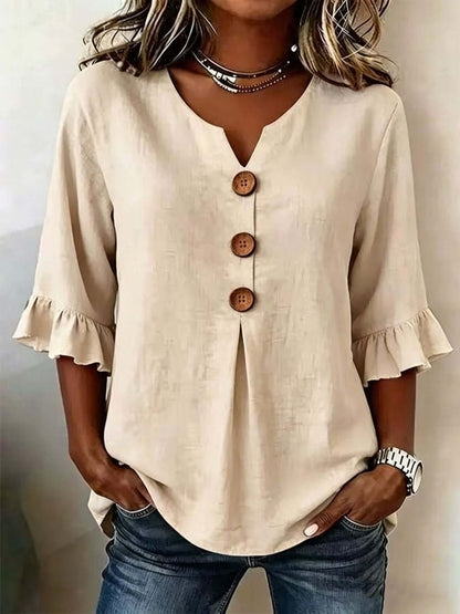 Women's Cotton-Linen V-Neck Blouse