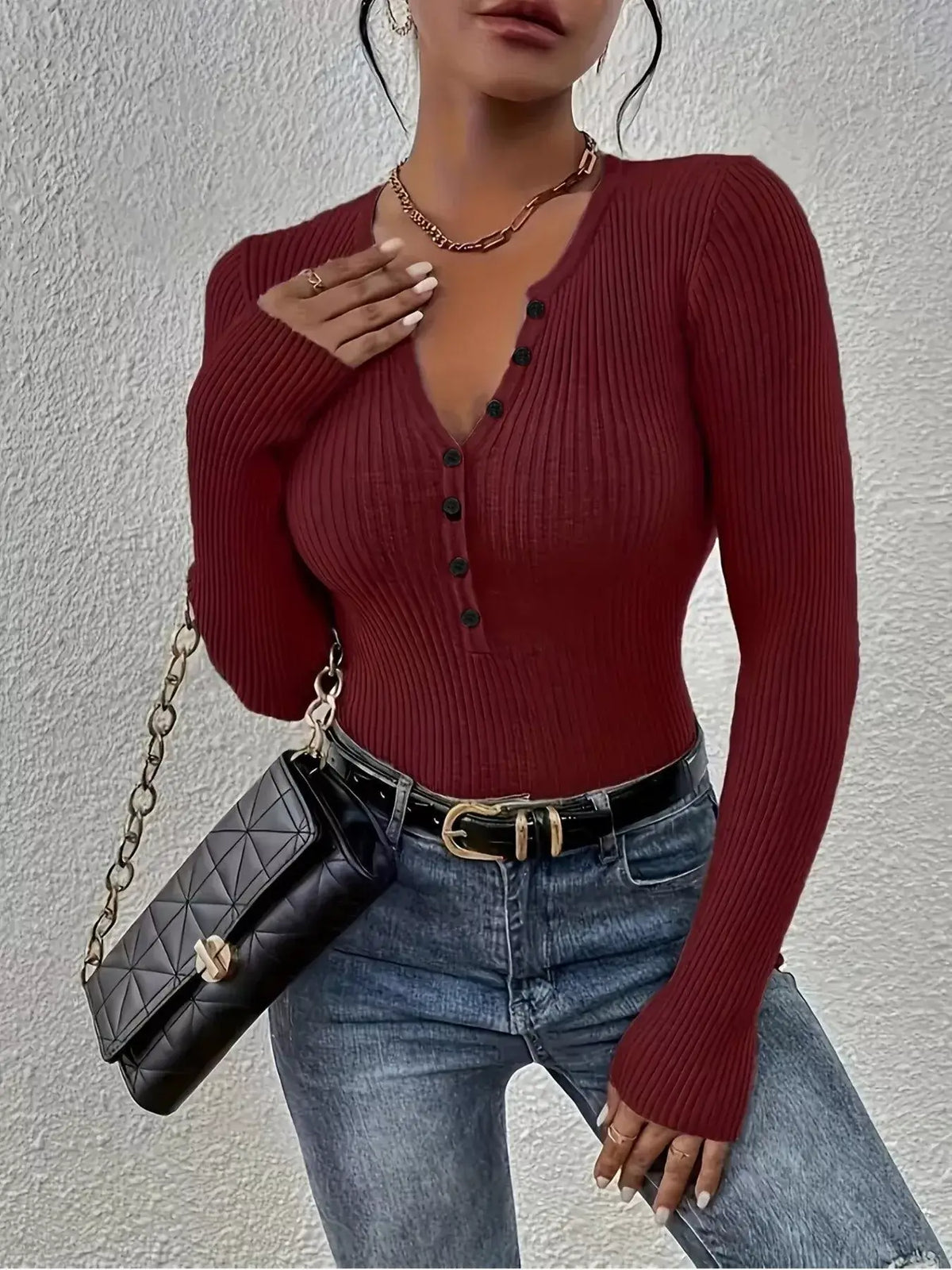 Ribbed Knit Button-Front Top
