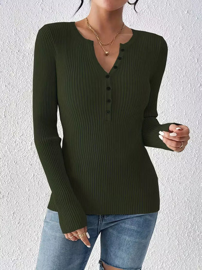 Ribbed Knit Button-Front Top
