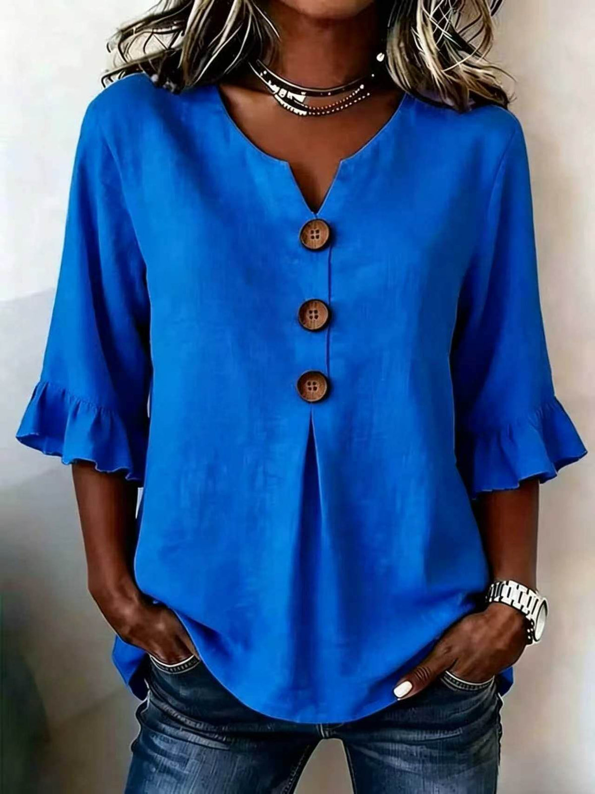 Women's Cotton-Linen V-Neck Blouse