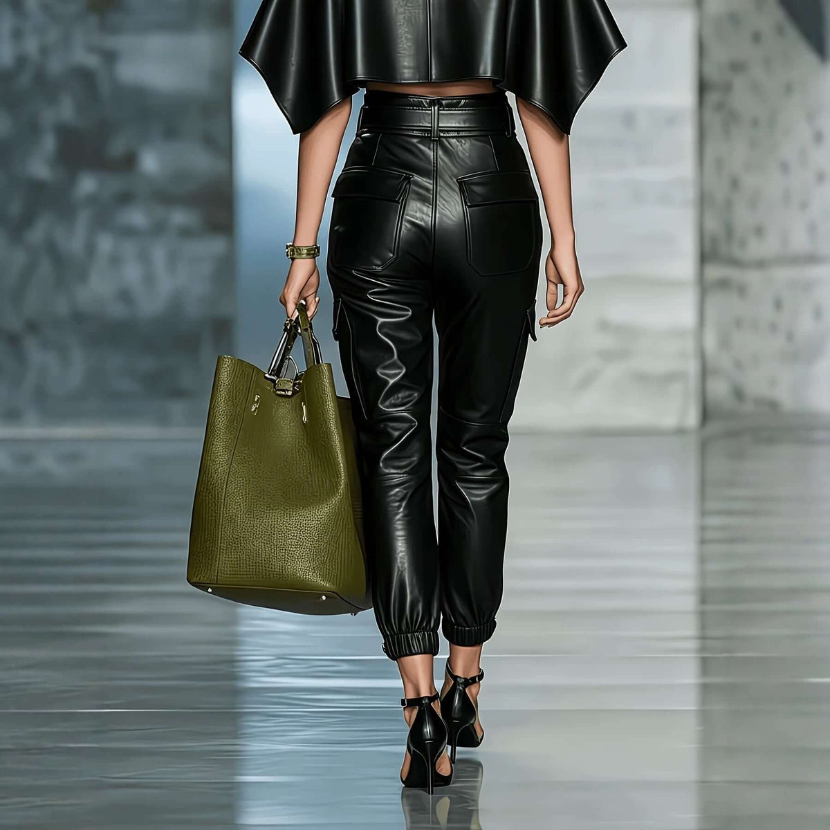 Model walking in PU leather streetwear pants with elastic waist, stylish top, and green handbag.