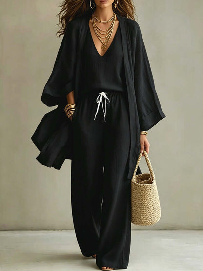 3-Piece Cardigan Vest & Wide-Leg Pants Set