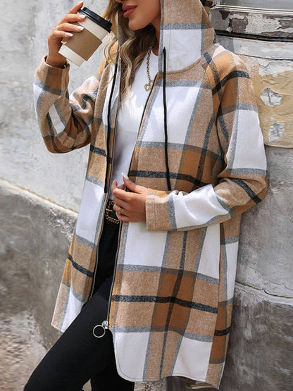 Plaid Drawstring Hooded Zip-Up Outerwear