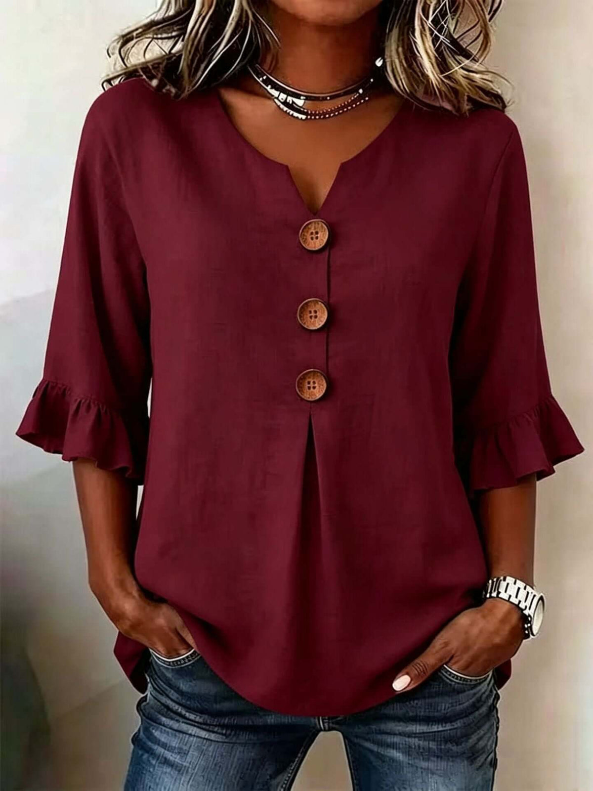 Women's Cotton-Linen V-Neck Blouse