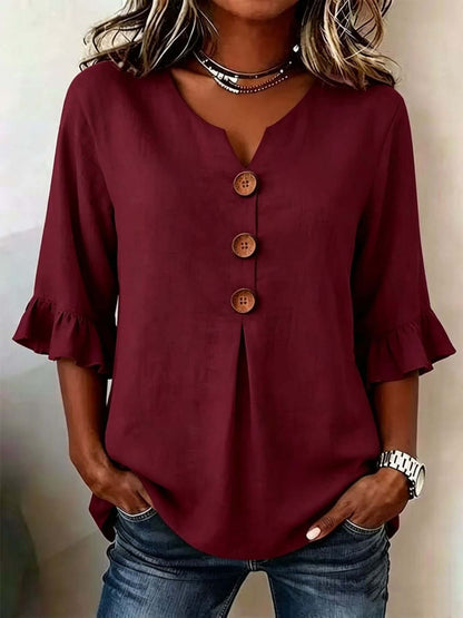 Women's Cotton-Linen V-Neck Blouse