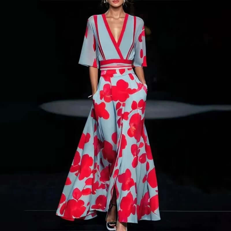 Deep V-Neck Belted Print Dress