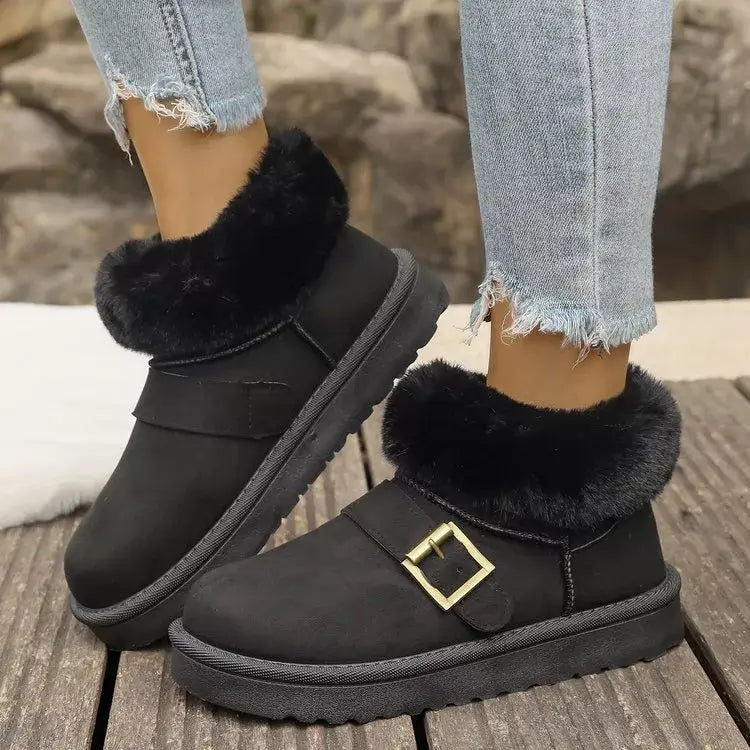 Fluff-Lined PU Leather Flat Shoes