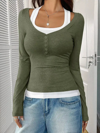 Contrast Long-Sleeve Two-Piece T-Shirt