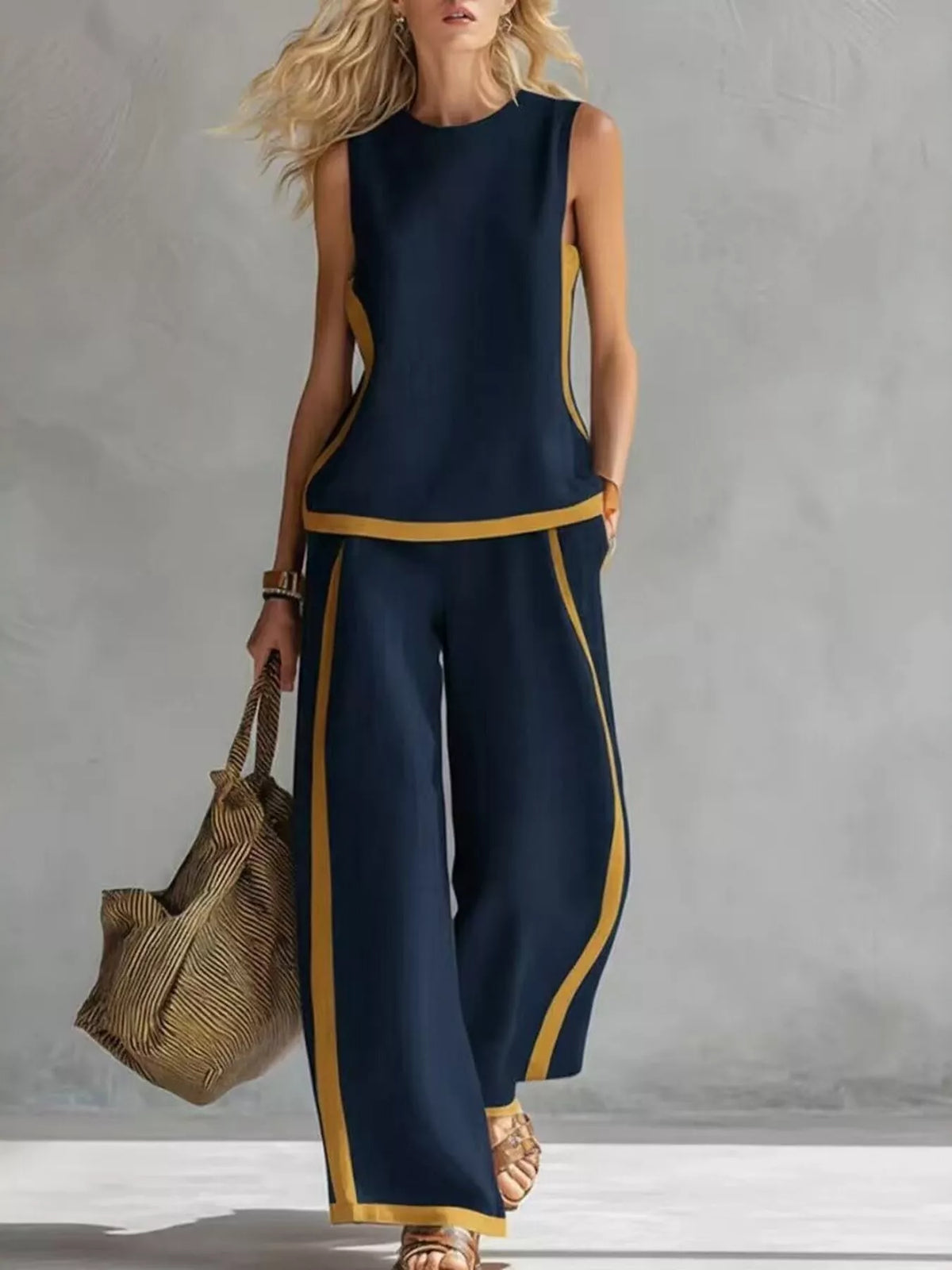Plus Size Contrast Stripe Wide-Leg Set