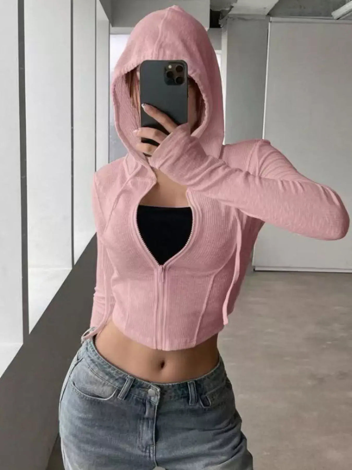 Ribbed Drawstring Zip Top