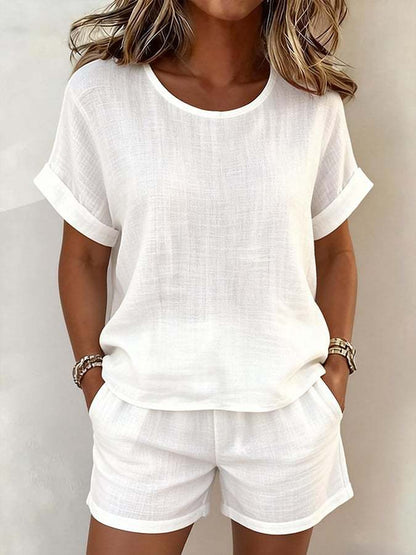 Solid-Color Cotton-Linen Shorts Set