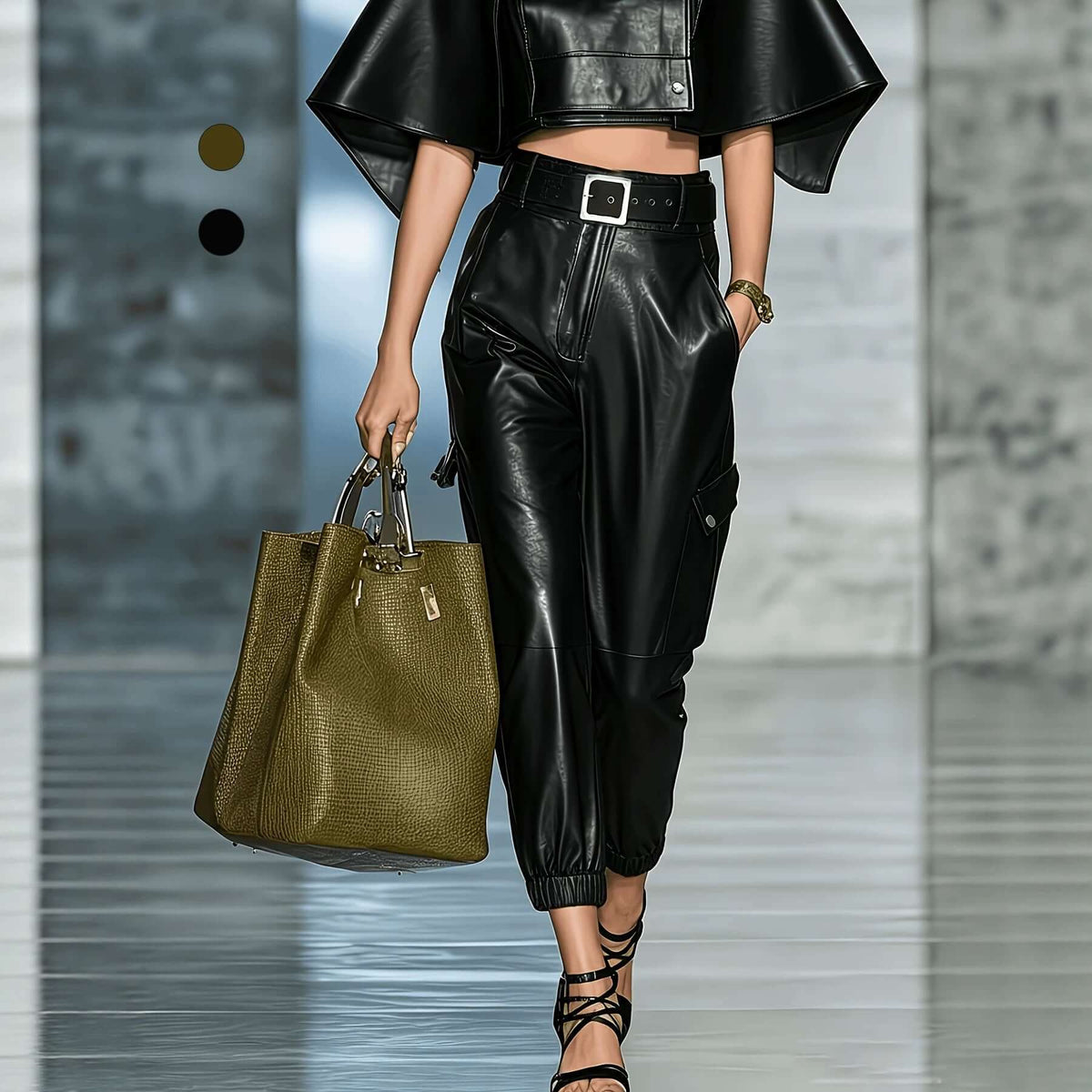 Model wearing PU leather streetwear pants with an elastic waist and side pockets, carrying a stylish handbag.