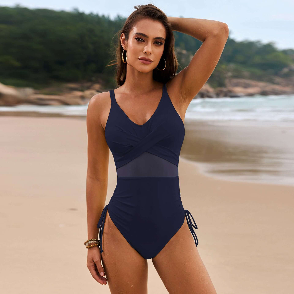 Drawstring Ruched V-Neck One-Piece Swimsuit