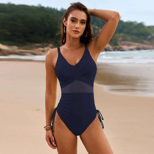 Drawstring Ruched V-Neck One-Piece Swimsuit