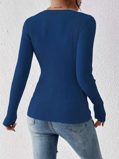 Ribbed Knit Button-Front Top
