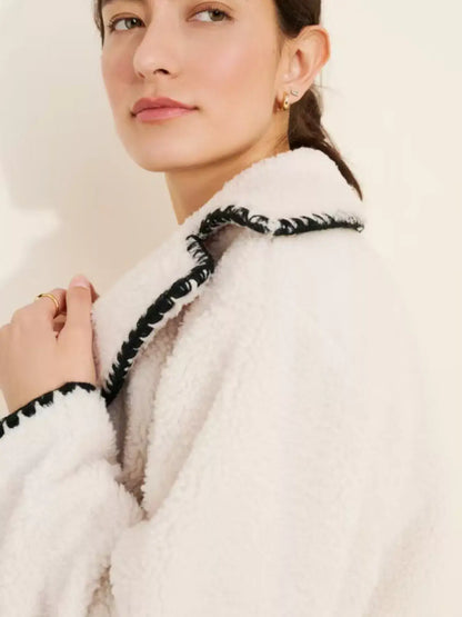 Sherpa Contrast-Trim Button-Up Outerwear