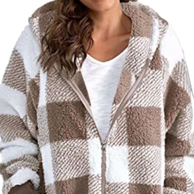 Plaid Hooded Zip-Up Oversized Jacket — Women’s Winter Commute Coat in cozy brown and white pattern, perfect for stylish womens fashion.