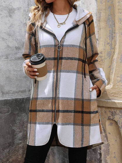 Plaid Drawstring Hooded Zip-Up Outerwear