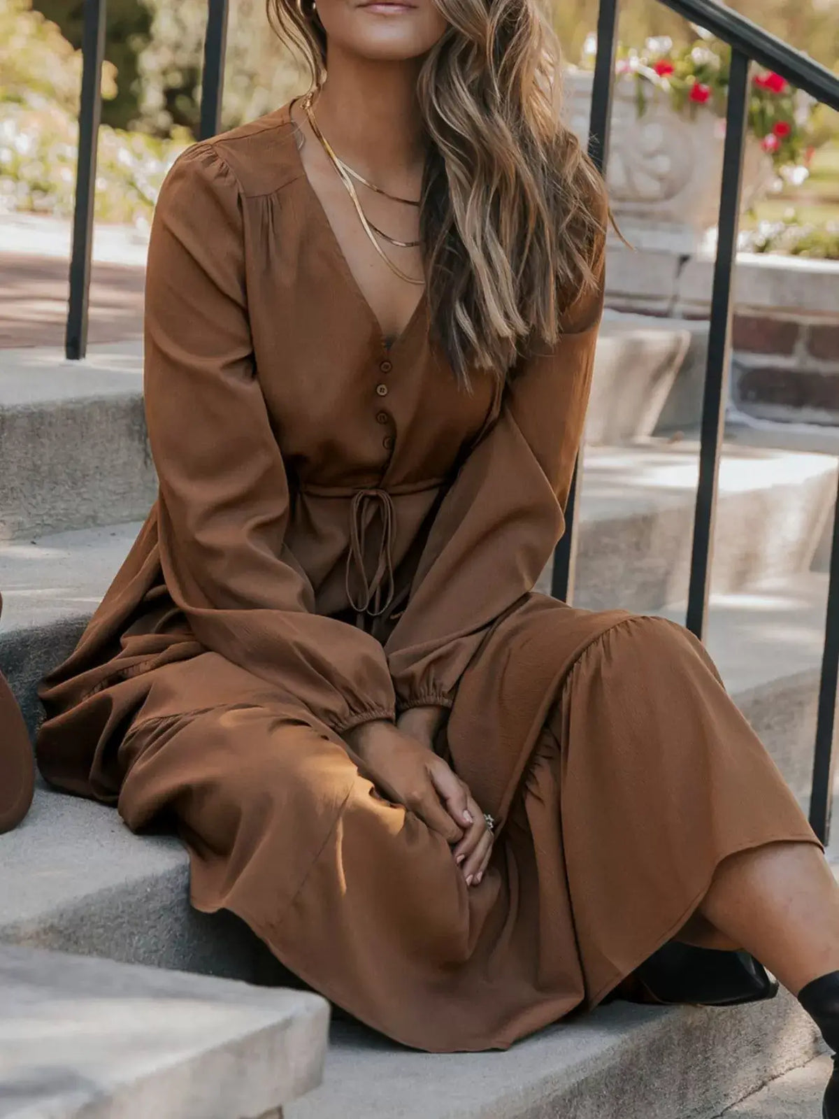 V-Neck Balloon Sleeve Tiered Dress
