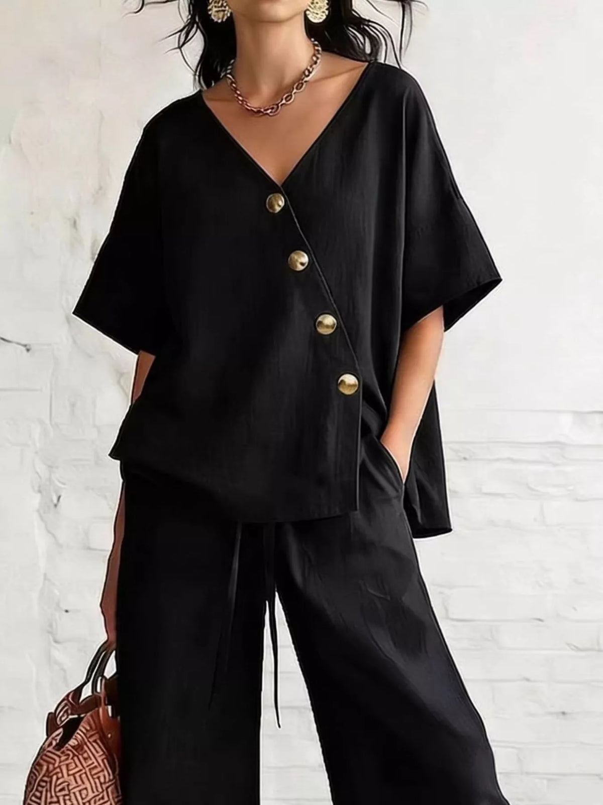 Plus Size Surplice Wide-Leg Pants Set