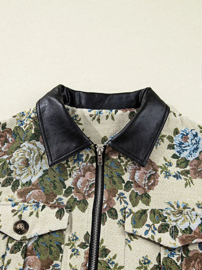 Floral Print Contrast Collar Zip-Up Jacket